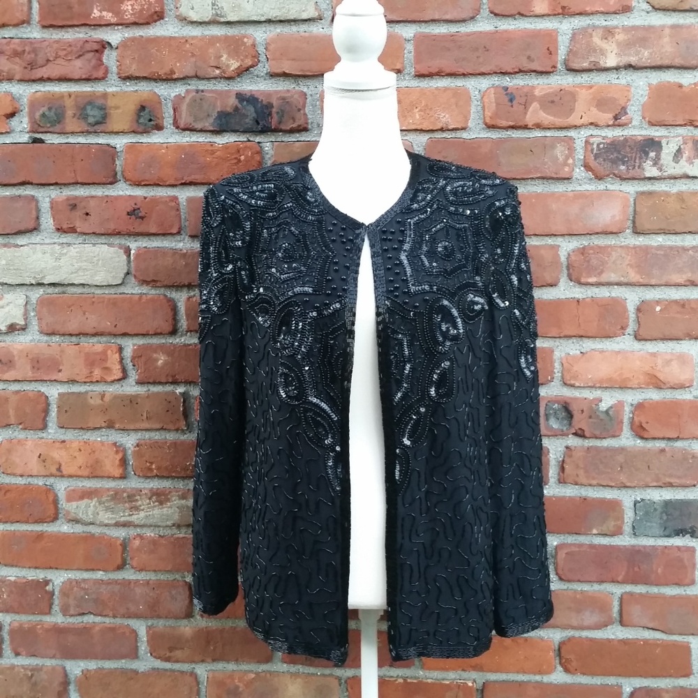Adriana Papell Balck Beaded Sequin Jacket Blazer